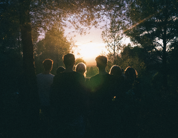 Large canva   silhouette of group of people between tree line